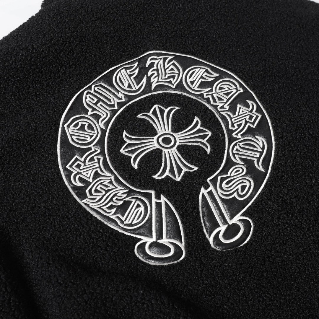 Chrome-Hearts Horseshoe Embroidered Sherpa Jacket - Black Cream Gothic Coat 825